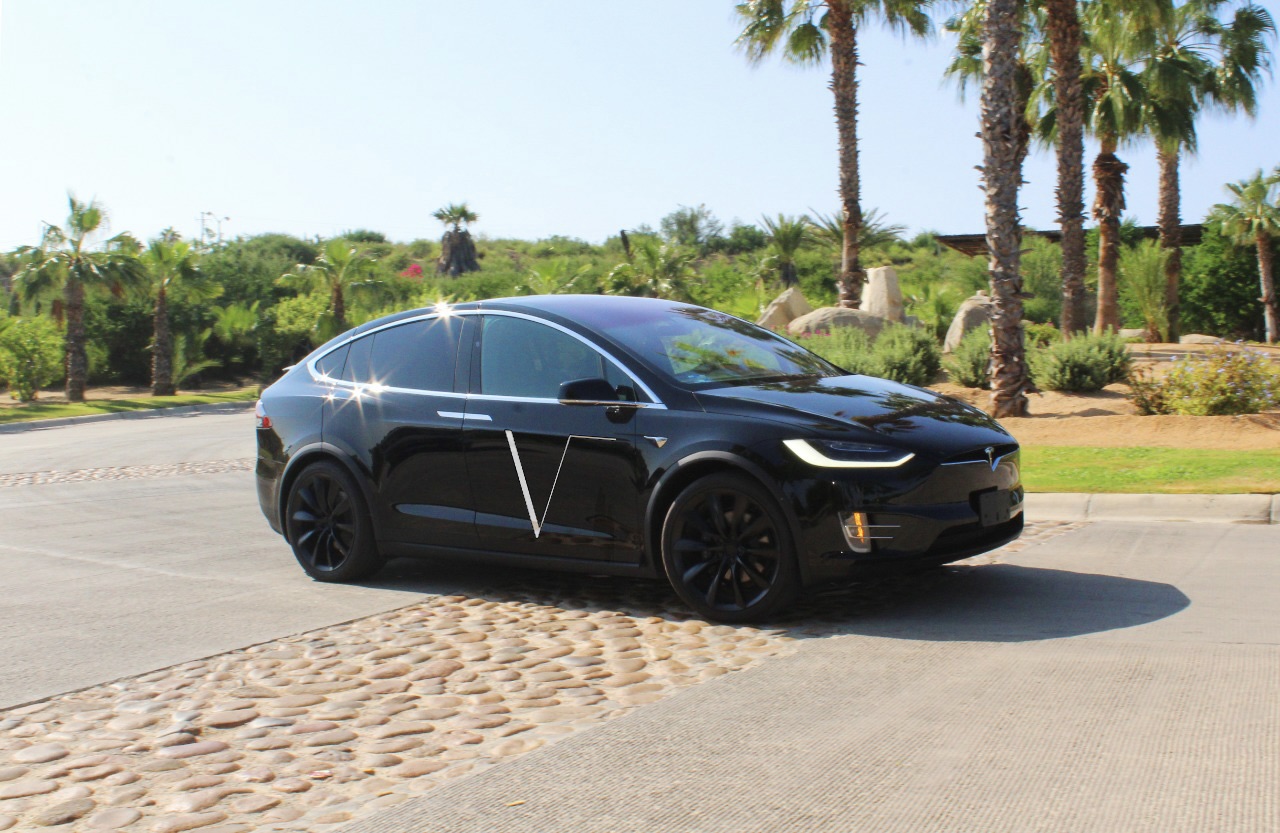 Tesla Model X negra de V transfers entre palmeras