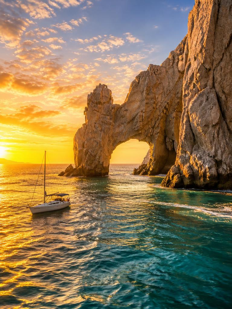 El Arco de Cabo San Lucas al atardecer con un velero en el mar