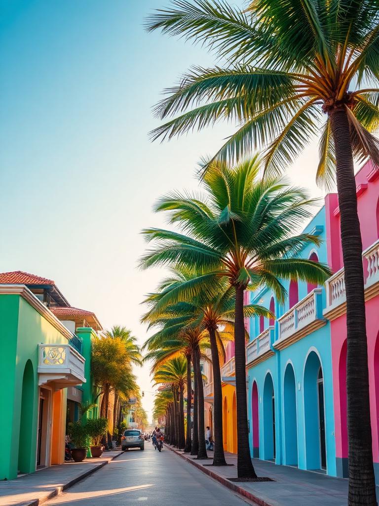 Calle colorida rodeada de palmeras en Playa del Carmen